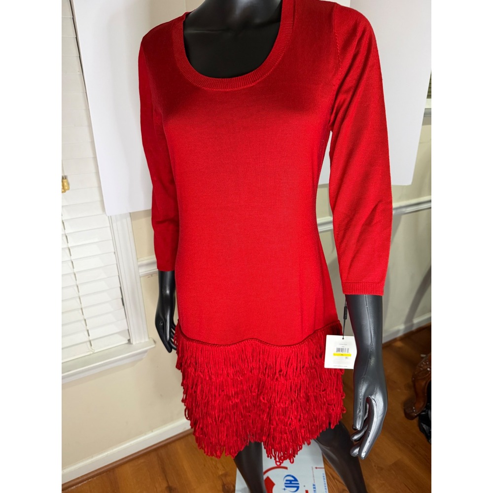 Calvin Klein Red Knit Fringe Hem Long Sleeve Scoop Neck Party Dress NEW